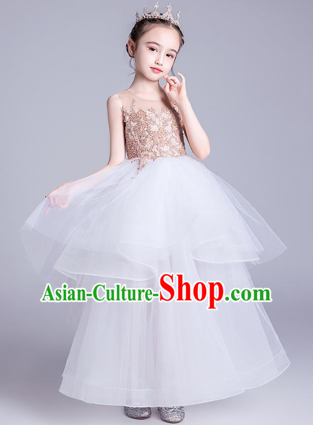 Top Grade Stage Show Princess White Dress Girls Birthday Costume Children Compere Veil Full Dress