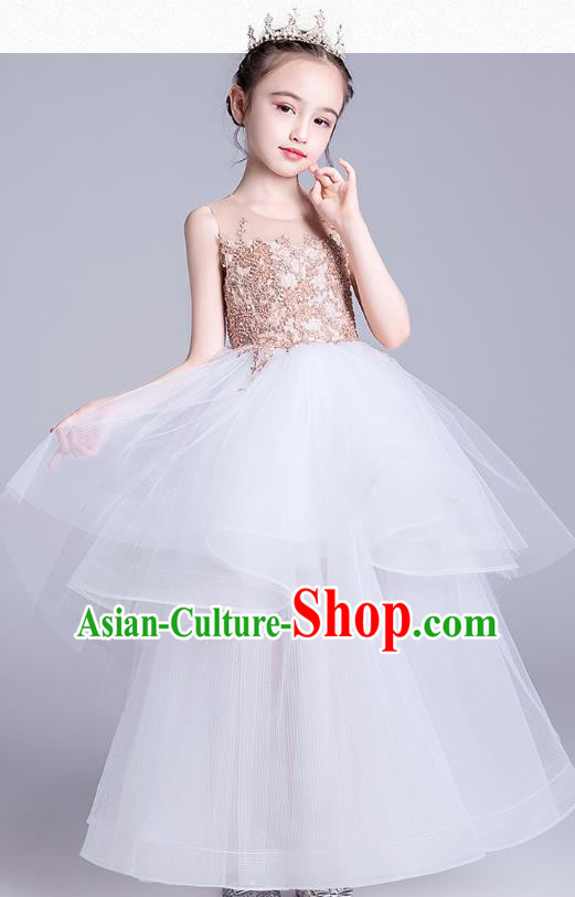 Top Grade Stage Show Princess White Dress Girls Birthday Costume Children Compere Veil Full Dress