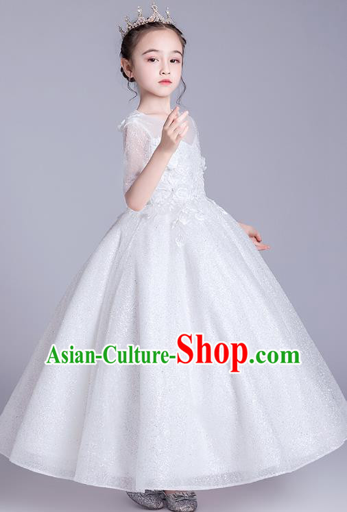 Top Grade Stage Show Princess White Bubble Dress Girls Birthday Costume Children Compere Veil Full Dress