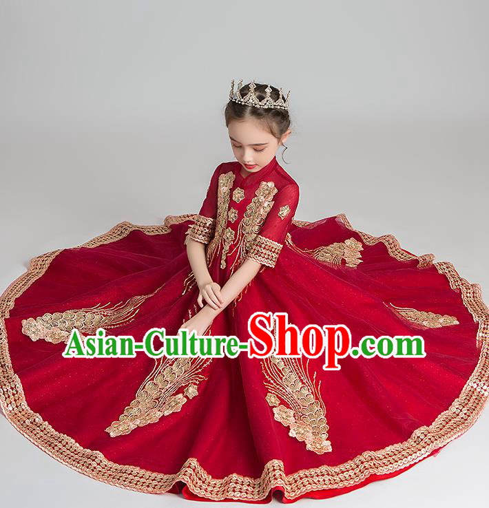 Chinese Traditional Tang Suit Wine Red Qipao Dress Apparels Ancient Girl Costumes Stage Show Embroidered Cheongsam for Kids