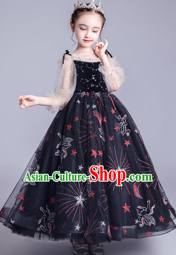 Professional Stage Show Princess Black Chiffon Dress Girls Birthday Costume Children Top Grade Compere Full Dress
