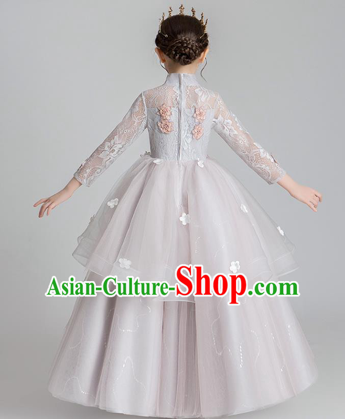 Chinese Traditional Tang Suit Light Grey Qipao Dress Apparels Ancient Girl Costumes Stage Show Veil Cheongsam for Kids