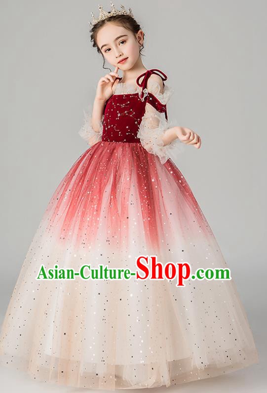 Professional Stage Show Girls Catwalks Purplish Red Velvet Dress Children Birthday Costume Top Grade Compere Veil Full Dress