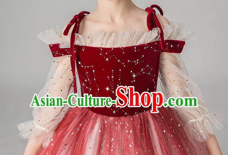 Professional Stage Show Girls Catwalks Purplish Red Velvet Dress Children Birthday Costume Top Grade Compere Veil Full Dress