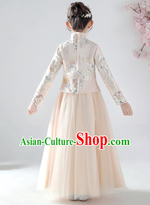 Chinese Traditional Tang Suit Apricot Blouse and Skirt Qipao Dress Ancient Girl Costumes Stage Show Cheongsam Apparels for Kids