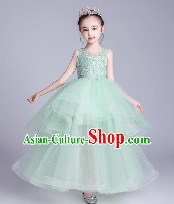 Top Grade Stage Show Green Veil Dress Children Girls Birthday Costume Compere Embroidered Full Dress