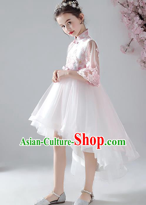 Chinese Traditional Tang Suit Bubble Qipao Dress Girl Costumes Stage Show Veil Cheongsam Apparels for Kids