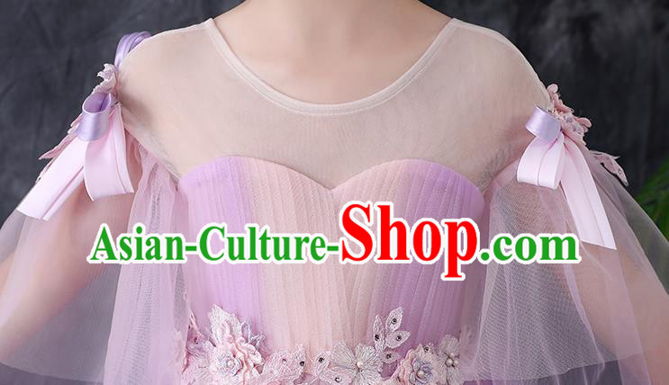 Top Grade Birthday Lilac Full Dress Children Compere Costume Stage Show Girls Catwalks Long Veil Dress