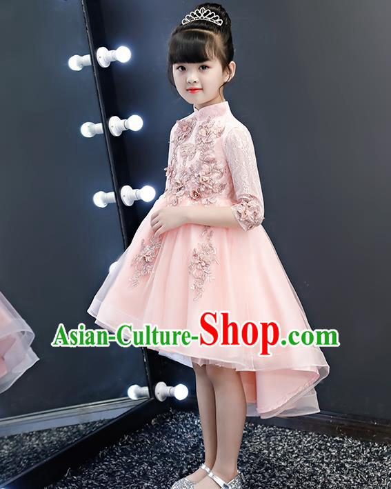 Top Grade Birthday Pink Lace Bubble Full Dress Children Compere Costume Stage Show Girls Catwalks Short Dress