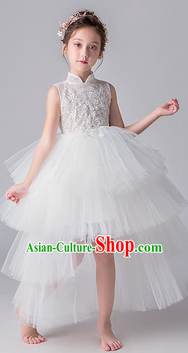 Top Grade Catwalks White Lace Full Dress Children Birthday Costume Stage Show Girls Compere Veil Dress