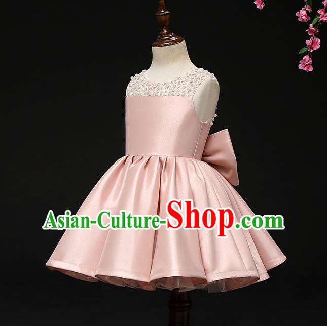 Top Grade Catwalks Pink Satin Full Dress Children Birthday Costume Stage Show Girls Compere Short Dress