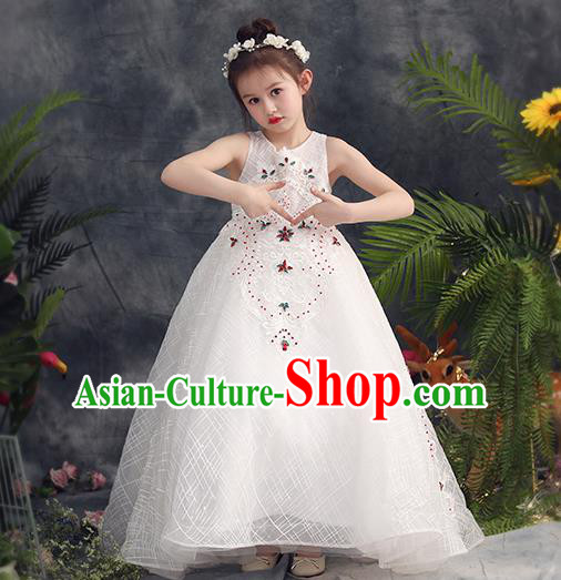 Top Grade Catwalks Trailing Full Dress Children Birthday Costume Stage Show Girls Compere White Veil Long Dress