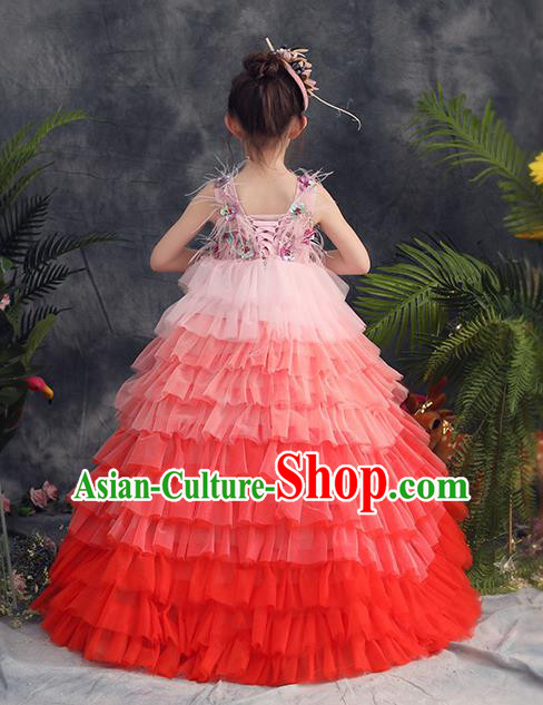 Top Grade Catwalks Pink Feather Full Dress Children Birthday Costume Stage Show Girls Compere Layered Dress