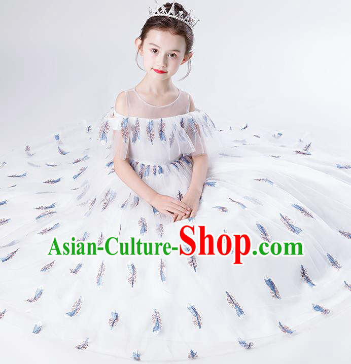 Top Grade Children Compere Costume Stage Show Birthday Full Dress Professional Girls Catwalks White Long Dress