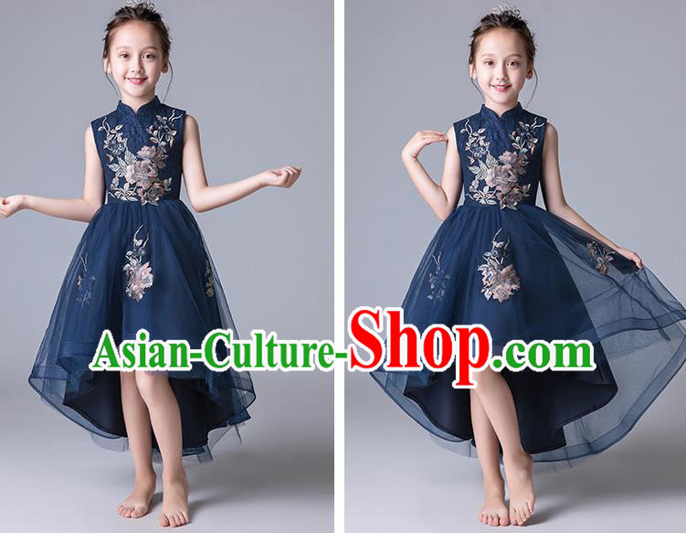 Top Grade Catwalks Navy Lace Full Dress Children Birthday Costume Stage Show Girls Compere Bubble Dress