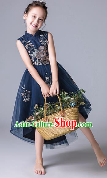 Top Grade Catwalks Navy Lace Full Dress Children Birthday Costume Stage Show Girls Compere Bubble Dress