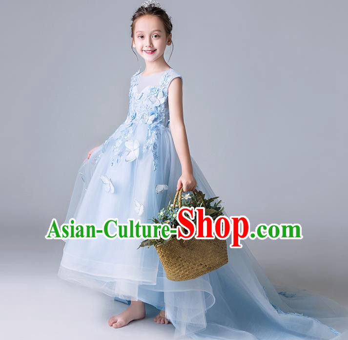 Top Grade Catwalks Blue Veil Full Dress Children Birthday Costume Stage Show Girls Compere Butterfly Dress