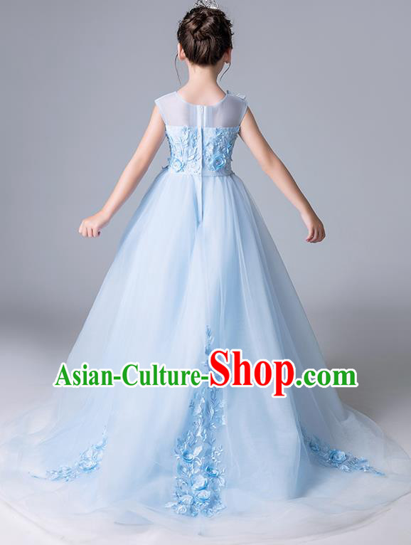 Top Grade Catwalks Blue Veil Full Dress Children Birthday Costume Stage Show Girls Compere Butterfly Dress