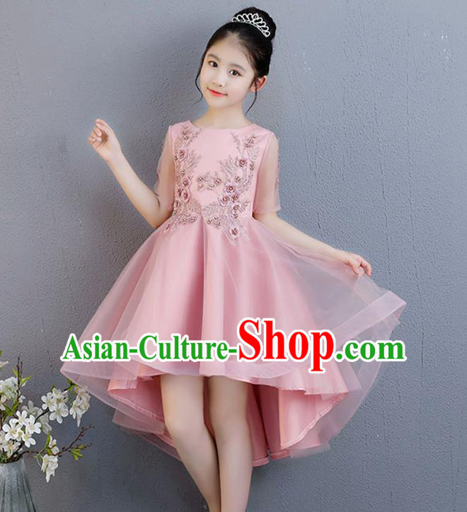 Top Grade Catwalks Pink Short Full Dress Children Birthday Costume Stage Show Girls Compere Lace Dress