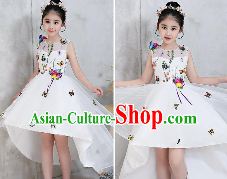 Top Grade Catwalks Flowers Full Dress Children Birthday Costume Stage Show Girls Compere White Veil Dress