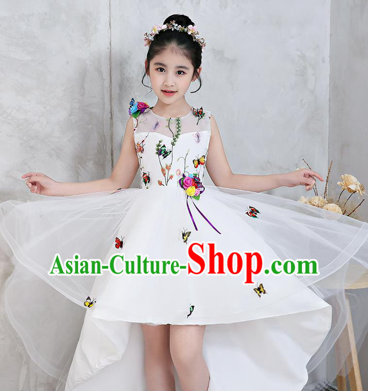 Top Grade Catwalks Flowers Full Dress Children Birthday Costume Stage Show Girls Compere White Veil Dress