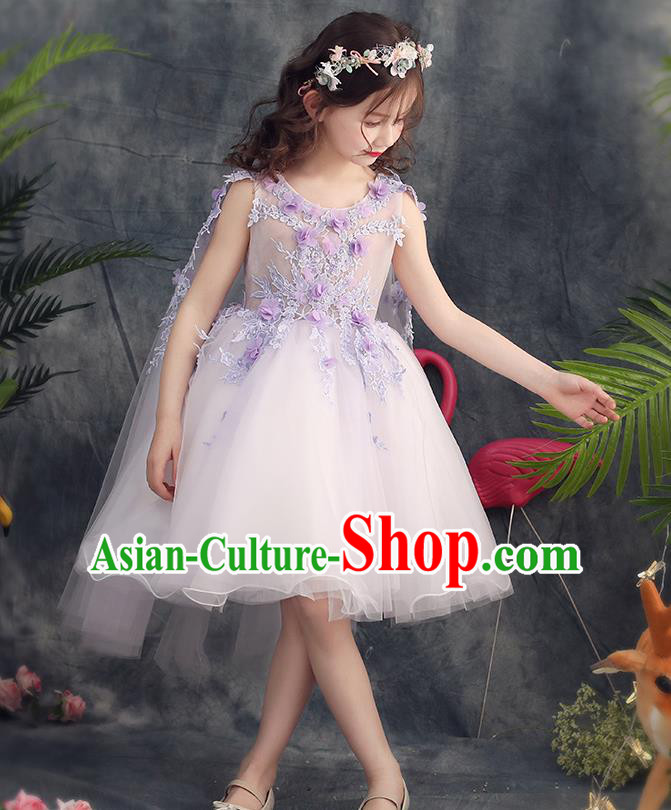 Top Grade Catwalks Purple Flowers Full Dress Children Birthday Costume Stage Show Girls Compere White Veil Short Dress