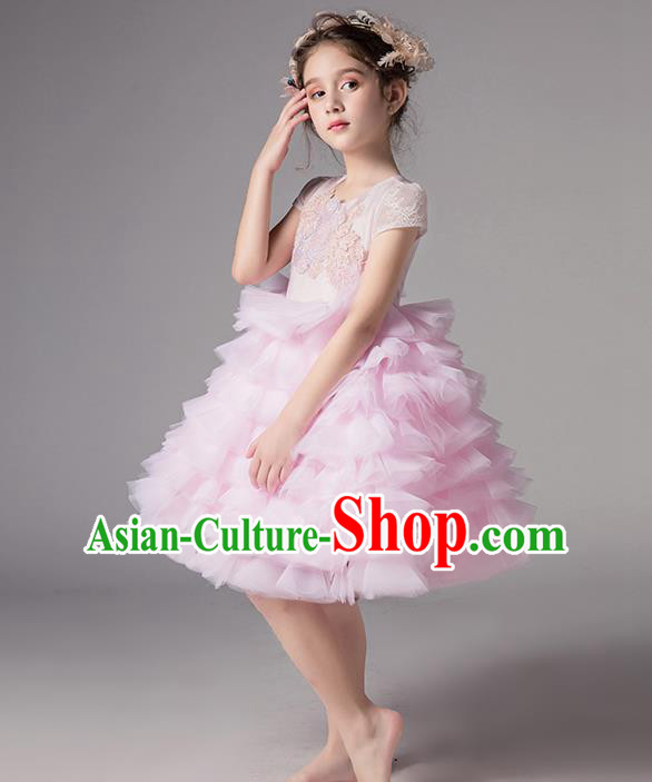 Top Grade Catwalks Veil Bubble Full Dress Children Birthday Costume Stage Show Girls Compere Pink Layered Dress