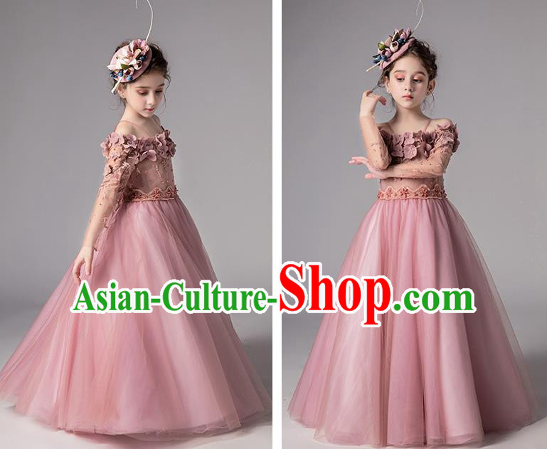 Top Grade Catwalks Off Shoulder Full Dress Children Birthday Costume Stage Show Girls Compere Deep Pink Veil Dress