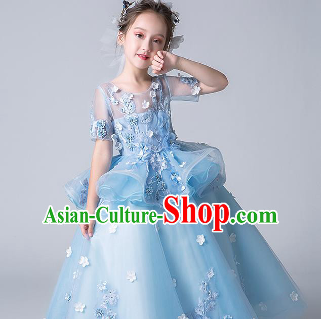 Top Grade Catwalks Blue Flowers Full Dress Children Birthday Costume Stage Show Girls Compere Veil Dress
