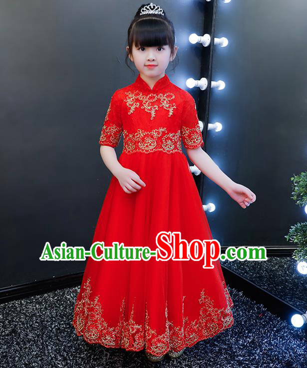 Top Grade Catwalks Veil Full Dress Children Birthday Costume Stage Show Girls Compere Red Long Dress