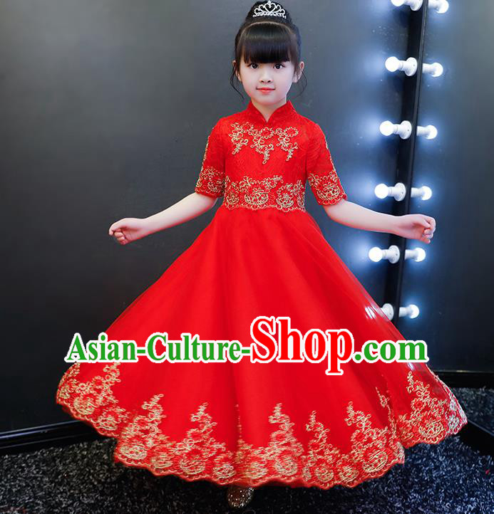 Top Grade Catwalks Veil Full Dress Children Birthday Costume Stage Show Girls Compere Red Long Dress