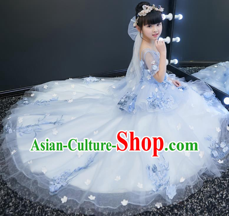Top Grade Catwalks Flowers Full Dress Children Birthday Costume Stage Show Girls Compere Light Blue Veil Trailing Dress