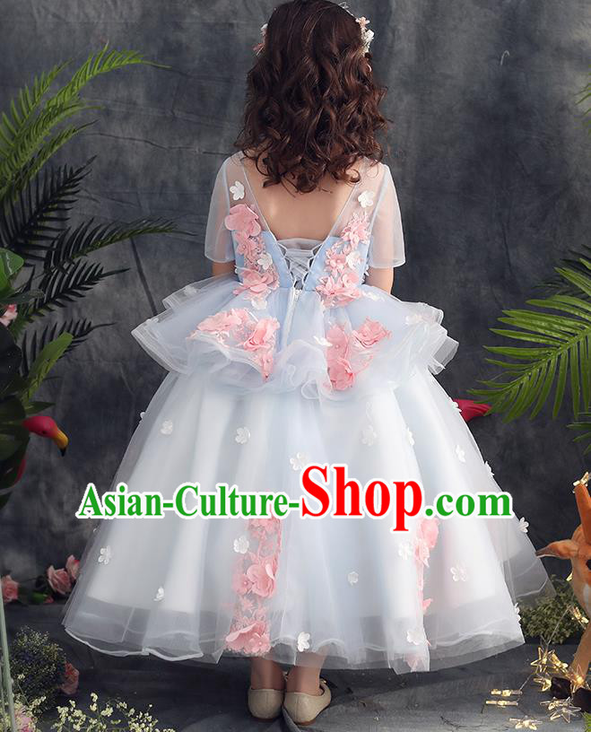 Top Grade Catwalks Flowers Fairy White Veil Full Dress Children Birthday Costume Stage Show Girls Compere Long Dress
