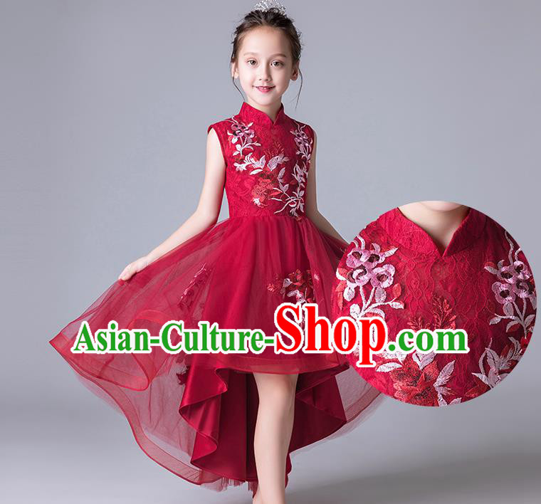 Top Grade Catwalks Wine Red Lace Full Dress Children Birthday Costume Stage Show Girls Compere Bubble Dress