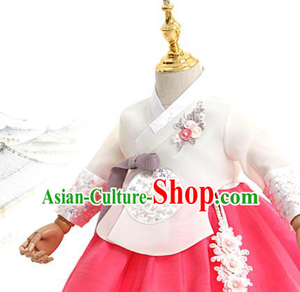 Asian Korea Traditional Embroidered White Blouse and Pink Dress Children Birthday Fashion Korean Apparels Girls Hanbok Costumes