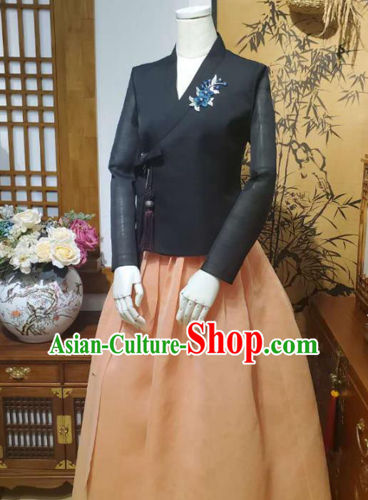 Korean Women Traditional Black Blouse and Orange Dress Asian Korea National Fashion Costumes Hanbok Informal Apparels