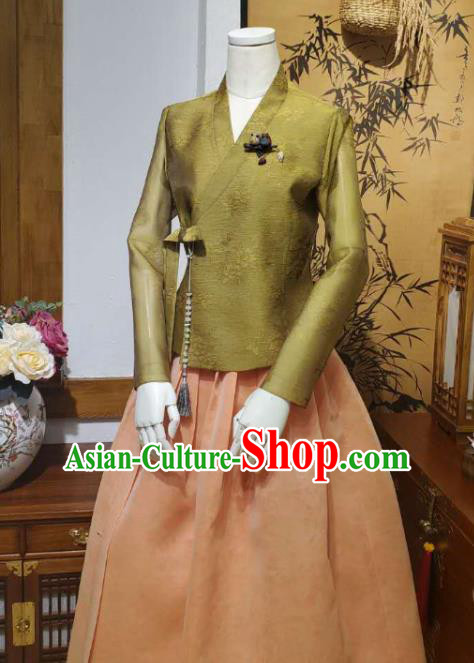 Korean Traditional Olive Green Blouse and Orange Dress Asian Korea National Fashion Costumes Hanbok Women Informal Apparels