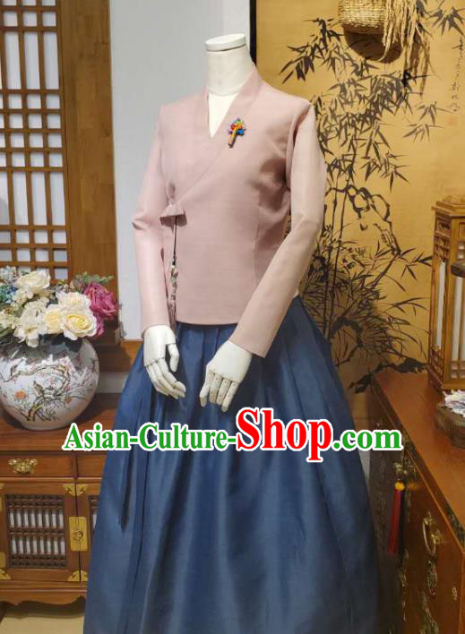 Korean Traditional Deep Pink Blouse and Navy Dress Asian Korea National Fashion Costumes Hanbok Women Informal Apparels