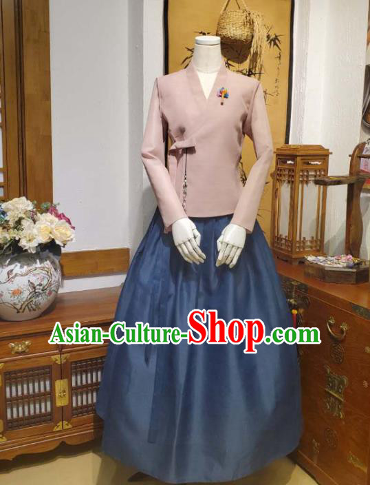 Korean Traditional Deep Pink Blouse and Navy Dress Asian Korea National Fashion Costumes Hanbok Women Informal Apparels