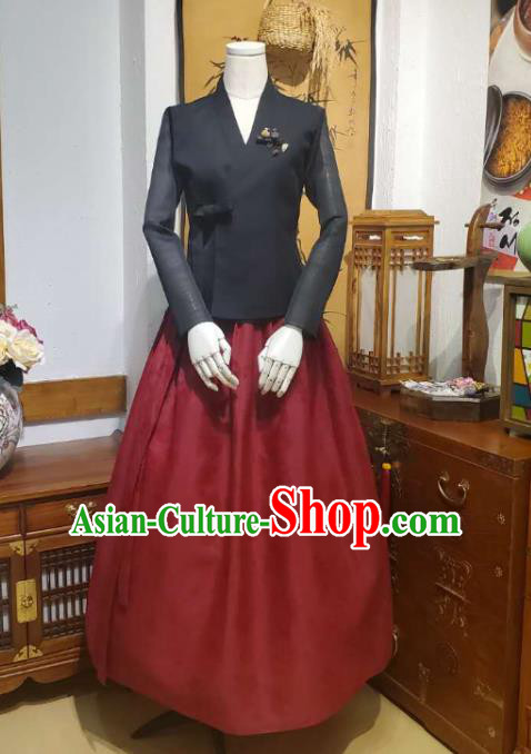 Korean Mother Traditional Black Blouse and Wine Red Dress Asian Korea National Fashion Costumes Hanbok Women Informal Apparels