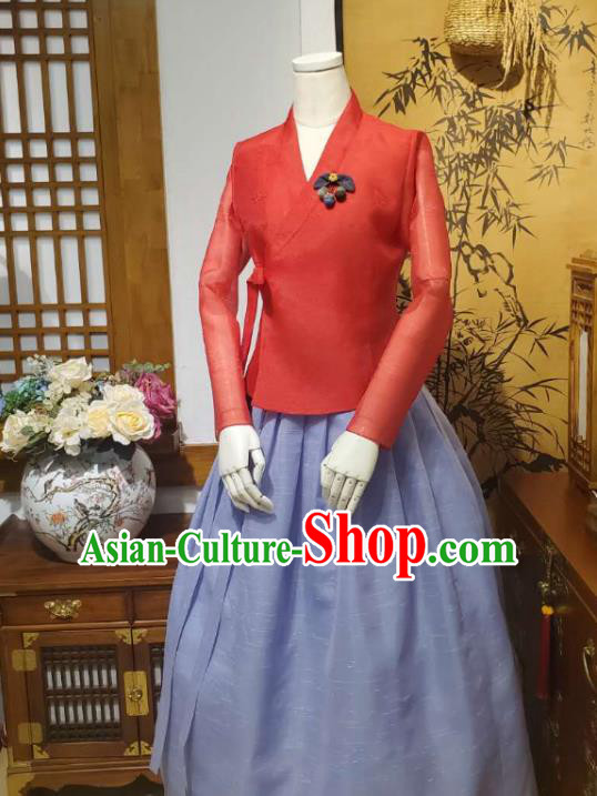 Korean Mother Traditional Red Blouse and Violet Dress Asian Korea National Fashion Costumes Hanbok Women Informal Apparels