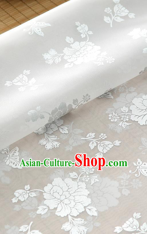 Asian Korea Classical Peony Pattern White Silk Fabric Korean Traditional Fashion Drapery Hanbok Material