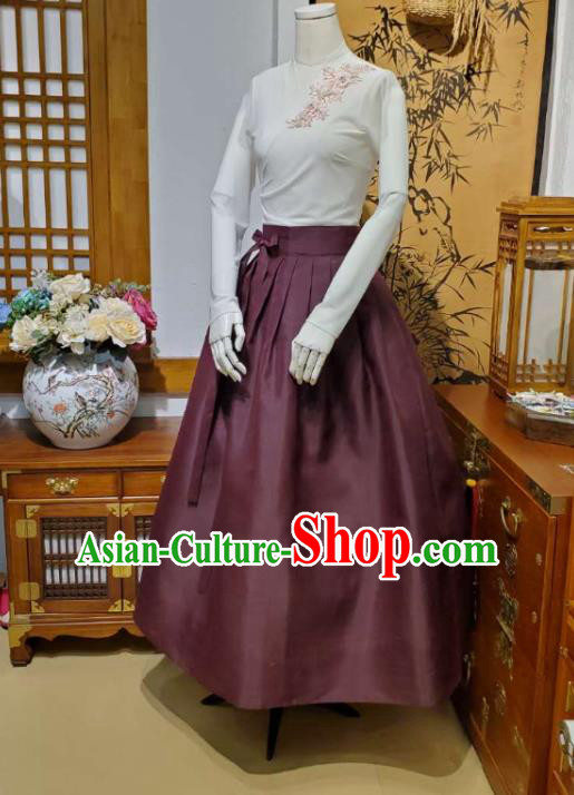 Korean Traditional Dance Blouse and Wine Red Satin Skirt Asian Korea National Fashion Costumes Women Hanbok Apparels