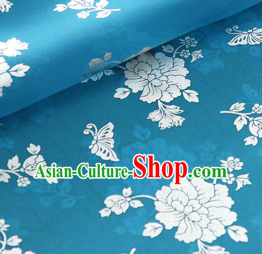 Asian Korea Classical Peony Pattern Lake Blue Silk Fabric Korean Traditional Fashion Drapery Hanbok Material