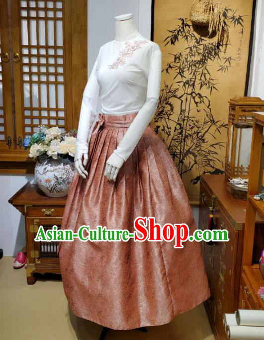 Korean Traditional Dance Blouse and Orange Bust Skirt Asian Korea National Fashion Costumes Women Hanbok Apparels