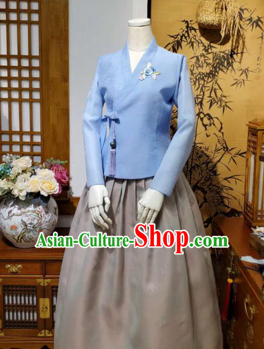Korean Traditional Female Blue Blouse and Grey Bust Skirt Asian Korea National Fashion Costumes Women Hanbok Apparels