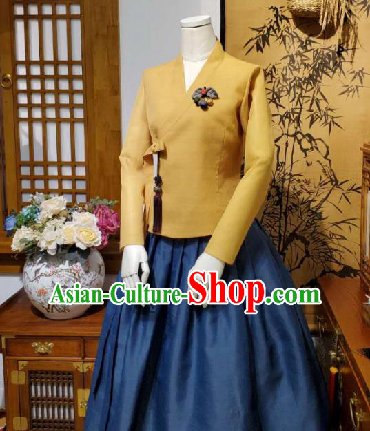 Korean Traditional Female Ginger Blouse and Navy Bust Skirt Asian Korea National Fashion Costumes Women Hanbok Apparels