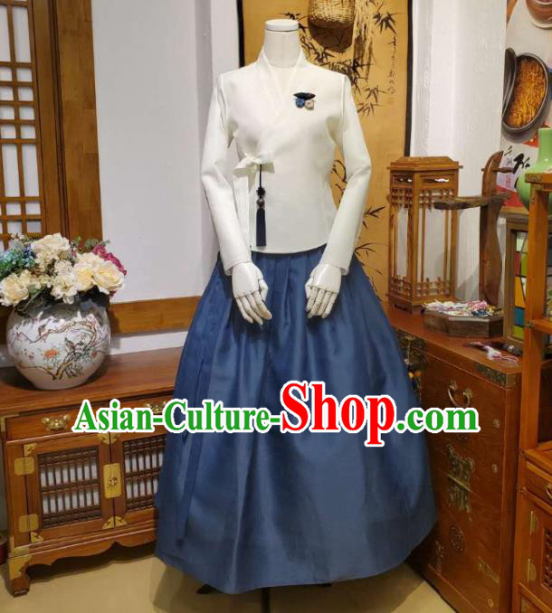 Korean Traditional Female White Blouse and Navy Bust Skirt Asian Korea National Fashion Costumes Women Hanbok Informal Apparels