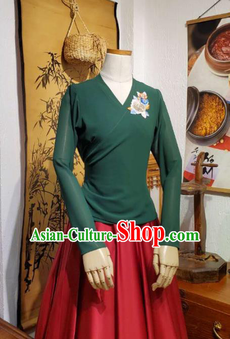 Korean Traditional Dance Training Green Veil Blouse and Red Satin Skirt Asian Women Hanbok Informal Apparels Korea Fashion Costumes