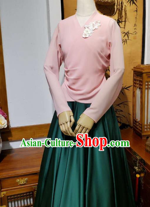 Korean Traditional Dance Training Pink Veil Blouse and Deep Green Satin Skirt Asian Women Hanbok Informal Apparels Korea Fashion Costumes